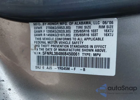 2006 Honda Odyssey Ex из США, поврежденный, VIN 5FNRL38486B450061